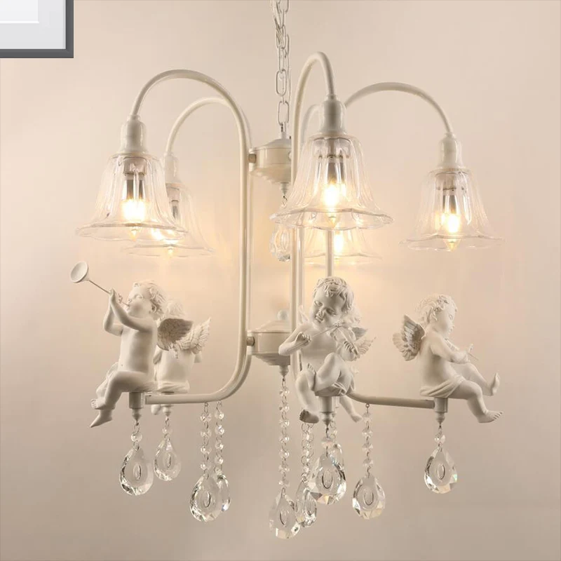 Uitlopende kroonluchter, traditioneel plexiglas, 5 lampen, witte plafondlamp met engelen en kristallen druppel Clearhalo