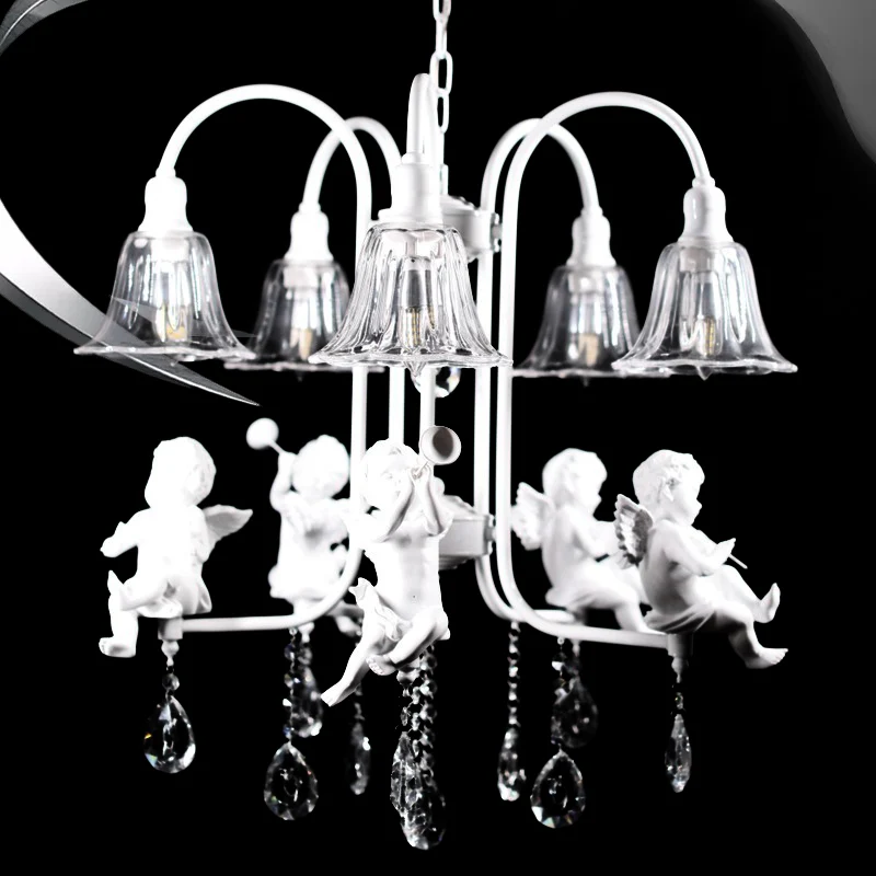 Uitlopende kroonluchter, traditioneel plexiglas, 5 lampen, witte plafondlamp met engelen en kristallen druppel Clearhalo