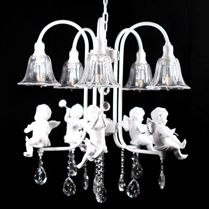 Uitlopende kroonluchter, traditioneel plexiglas, 5 lampen, witte plafondlamp met engelen en kristallen druppel Clearhalo