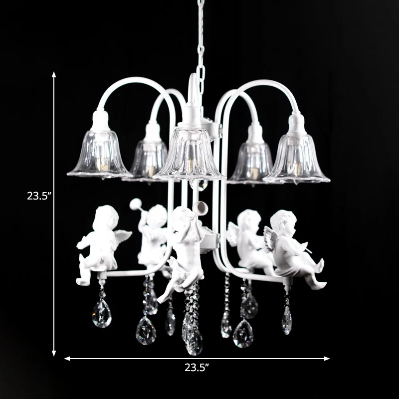Uitlopende kroonluchter, traditioneel plexiglas, 5 lampen, witte plafondlamp met engelen en kristallen druppel Clearhalo