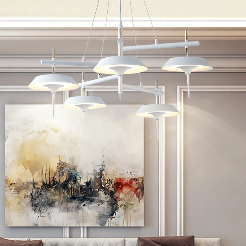 Uitlopende metalen kroonluchterlamp Minimalistisch 5-lichts witte hanglamp voor eetkamer Clearhalo