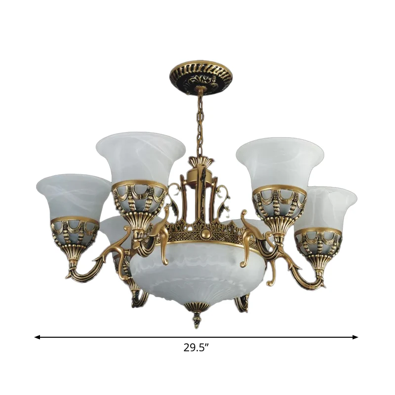 Uitlopende schaduw albasten glazen kroonluchter Traditionele 9-kops eetkamer hanglamp brons Clearhalo