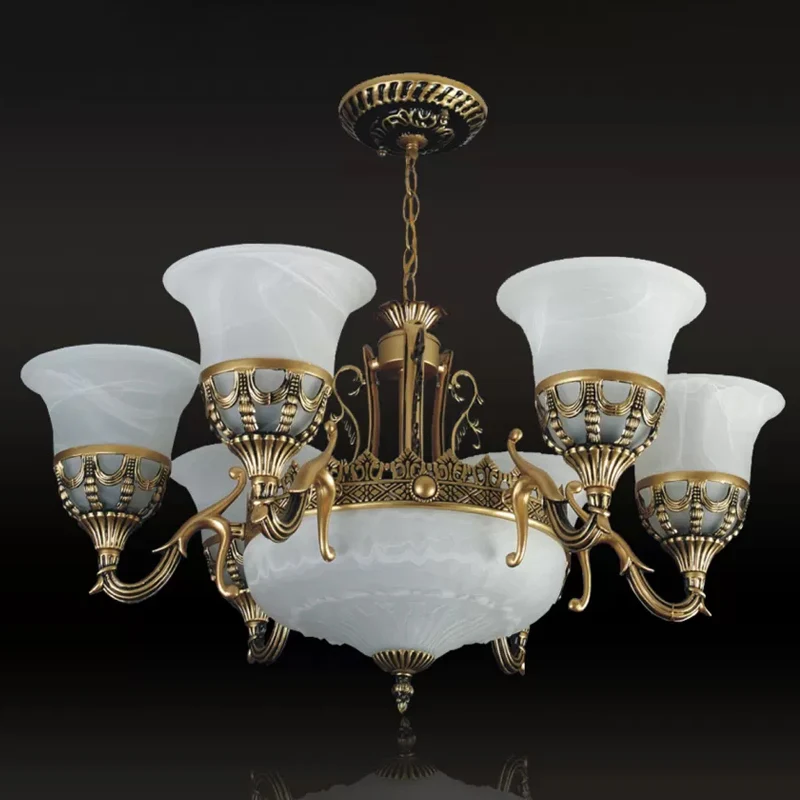 Uitlopende schaduw albasten glazen kroonluchter Traditionele 9-kops eetkamer hanglamp brons Clearhalo