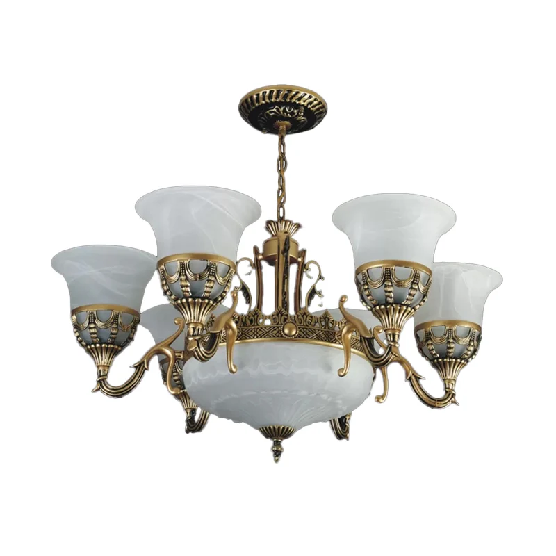 Uitlopende schaduw albasten glazen kroonluchter Traditionele 9-kops eetkamer hanglamp brons Clearhalo