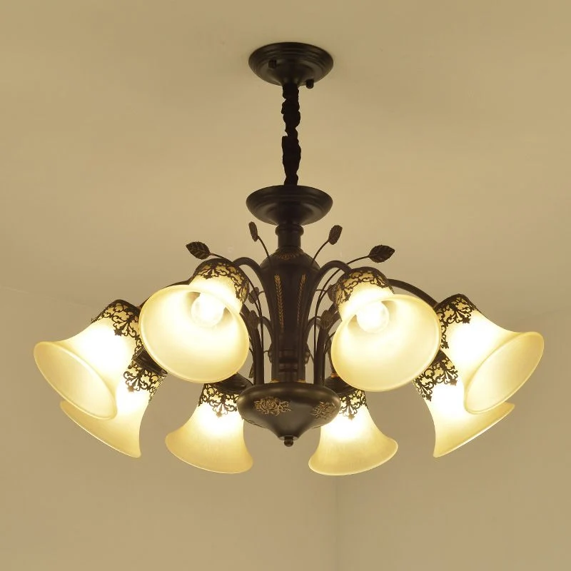 Uitlopende schaduw beige glazen kroonluchter licht klassieke woonkamer hangende plafondlamp zwart Clearhalo