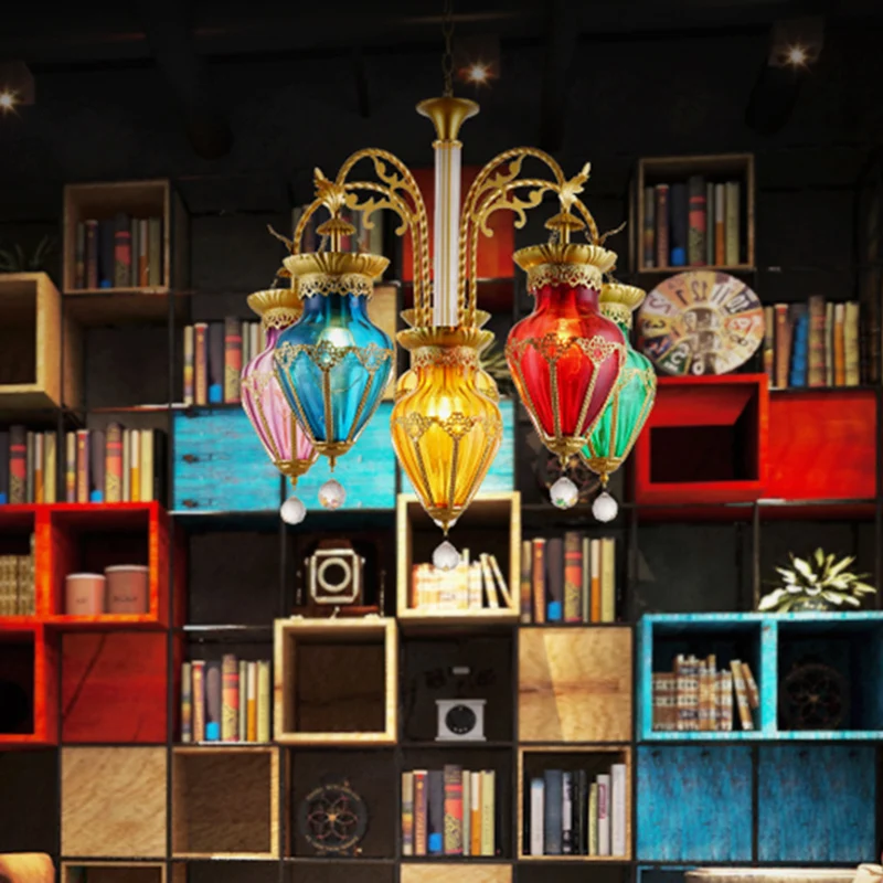 Urn rood-geel-blauw glazen hangende kroonluchter Marokkaanse 6-lichts restaurant-plafondlamp Clearhalo