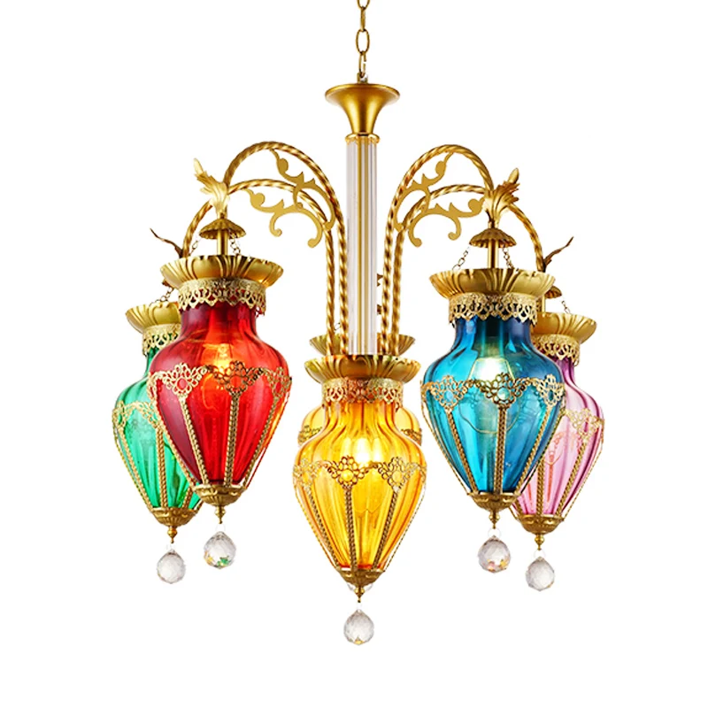 Urn rood-geel-blauw glazen hangende kroonluchter Marokkaanse 6-lichts restaurant-plafondlamp Clearhalo