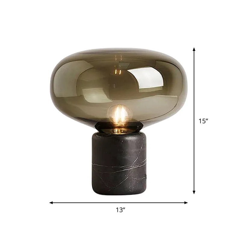 Urn-werklamp eigentijds rookgrijs glas, 1 lamp, 8"/13" brede zwarte tafellamp met marmeren voet Clearhalo
