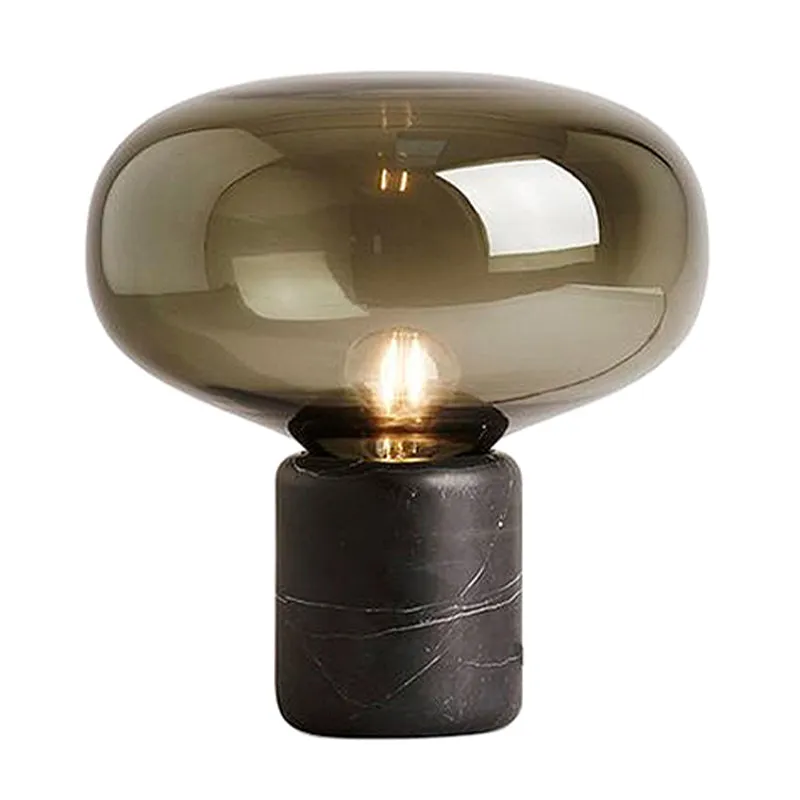 Urn-werklamp eigentijds rookgrijs glas, 1 lamp, 8"/13" brede zwarte tafellamp met marmeren voet Clearhalo
