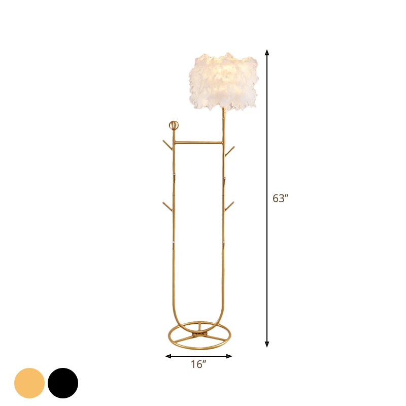 U-vormige metalen boomvloerverlichting Eenvoud 1-lichts staande lamp met zwart/goudkleurige afwerking en verenkap Clearhalo
