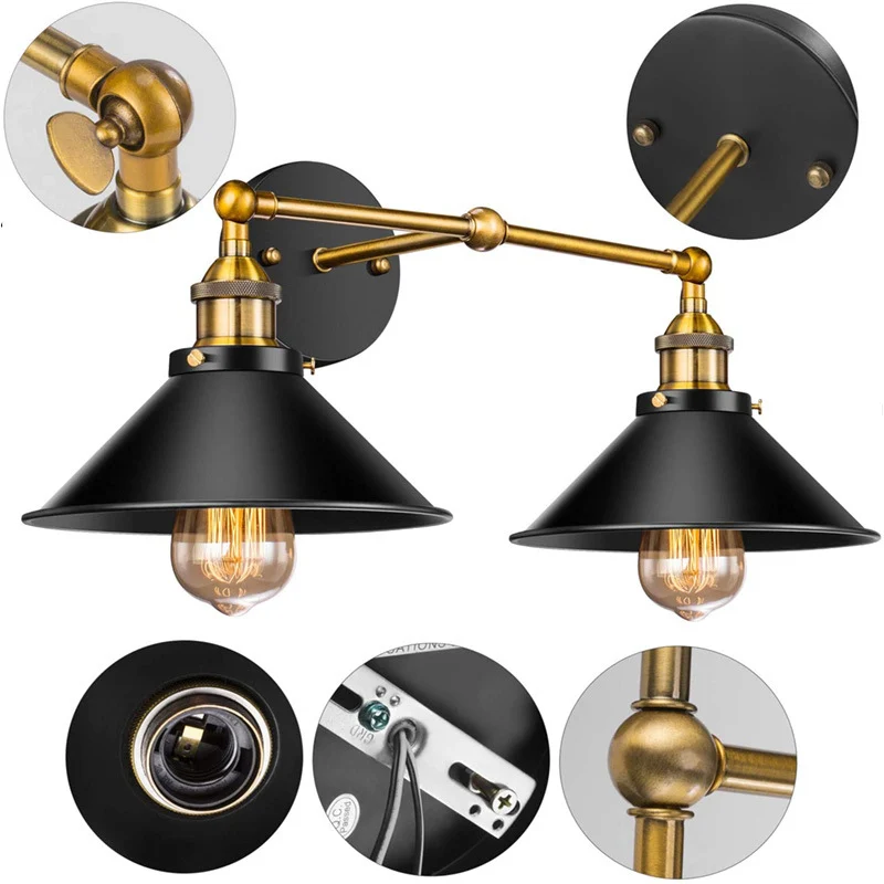 Vanity-wandlamp met conische kap, retro-industriële stijl, metaal, 2-lichts, ijdelheidslamp Clearhalo
