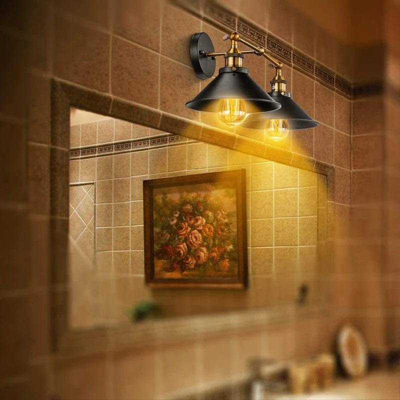 Vanity-wandlamp met conische kap, retro-industriële stijl, metaal, 2-lichts, ijdelheidslamp Clearhalo