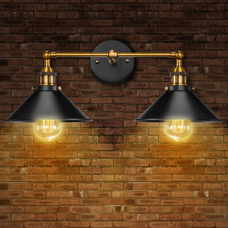 Vanity-wandlamp met conische kap, retro-industriële stijl, metaal, 2-lichts, ijdelheidslamp Clearhalo