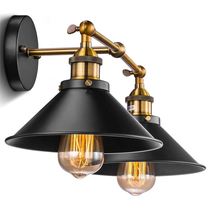Vanity-wandlamp met conische kap, retro-industriële stijl, metaal, 2-lichts, ijdelheidslamp Clearhalo