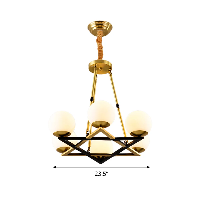 Veelhoek metalen kroonluchter lichtarmatuur postmodern 6/8 koppen messing hangende plafondlamp met bol witte glazen kap Cl...