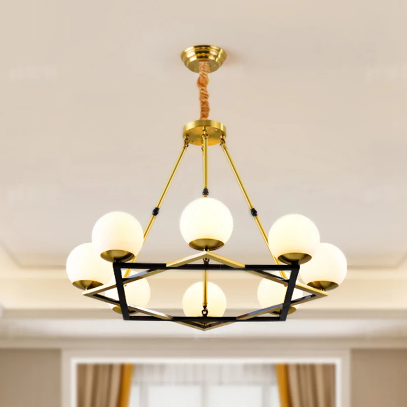 Veelhoek metalen kroonluchter lichtarmatuur postmodern 6/8 koppen messing hangende plafondlamp met bol witte glazen kap Cl...