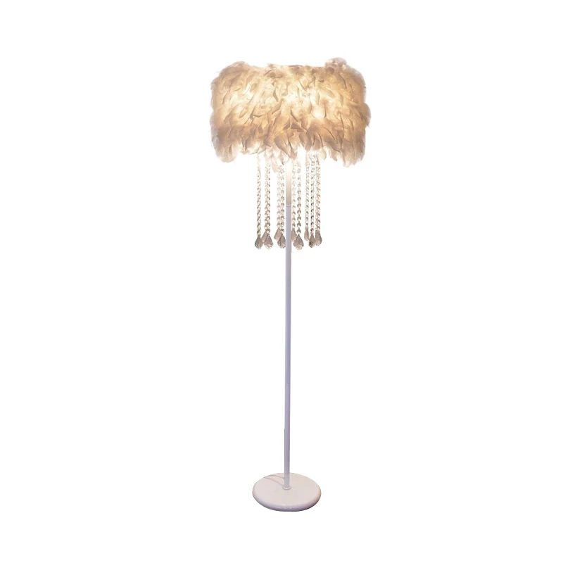 Veerwitte staande lamp Fluffy Drum 1-kops modernistische vloerlamp met kristallen gordijnen Clearhalo