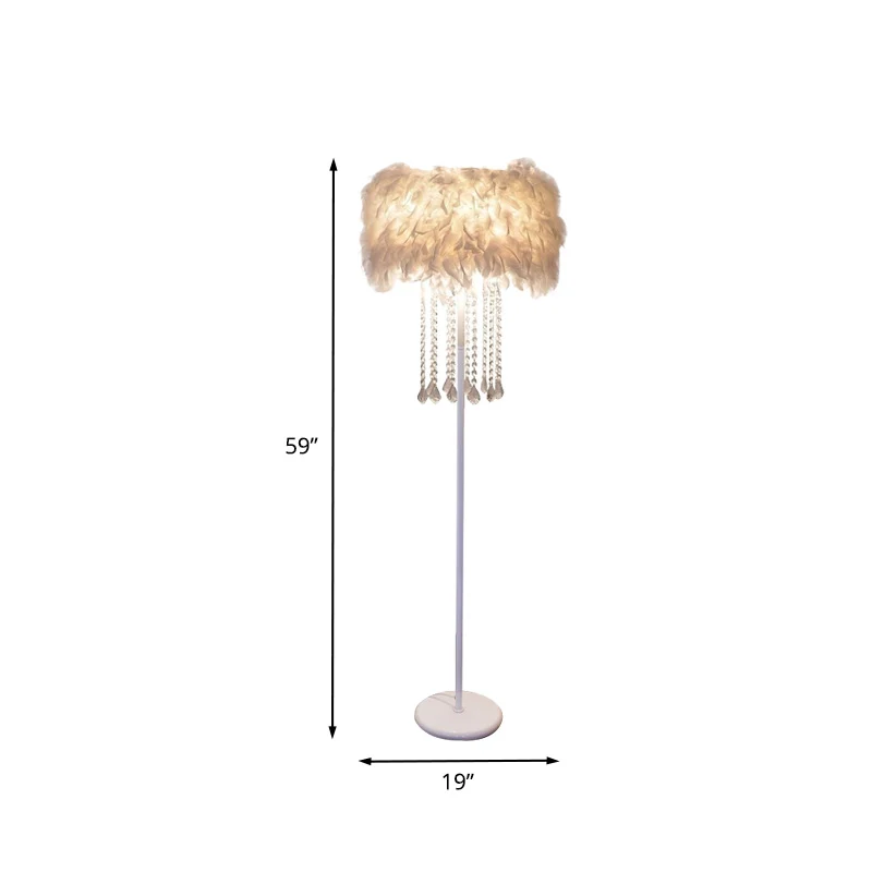 Veerwitte staande lamp Fluffy Drum 1-kops modernistische vloerlamp met kristallen gordijnen Clearhalo