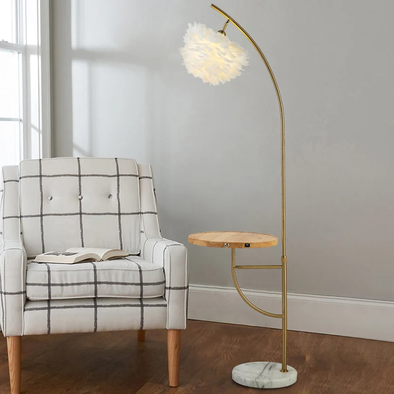 Veren halfrond schaduw vloerlamp moderne 1-lamp gouden staande lamp met houten dienblad Clearhalo