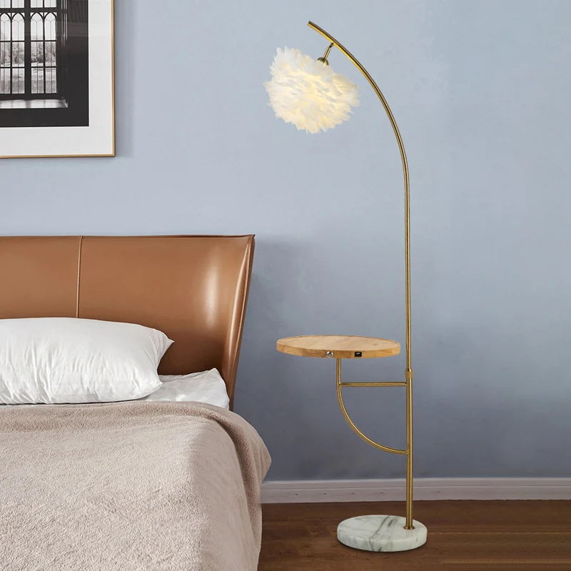 Veren halfrond schaduw vloerlamp moderne 1-lamp gouden staande lamp met houten dienblad Clearhalo