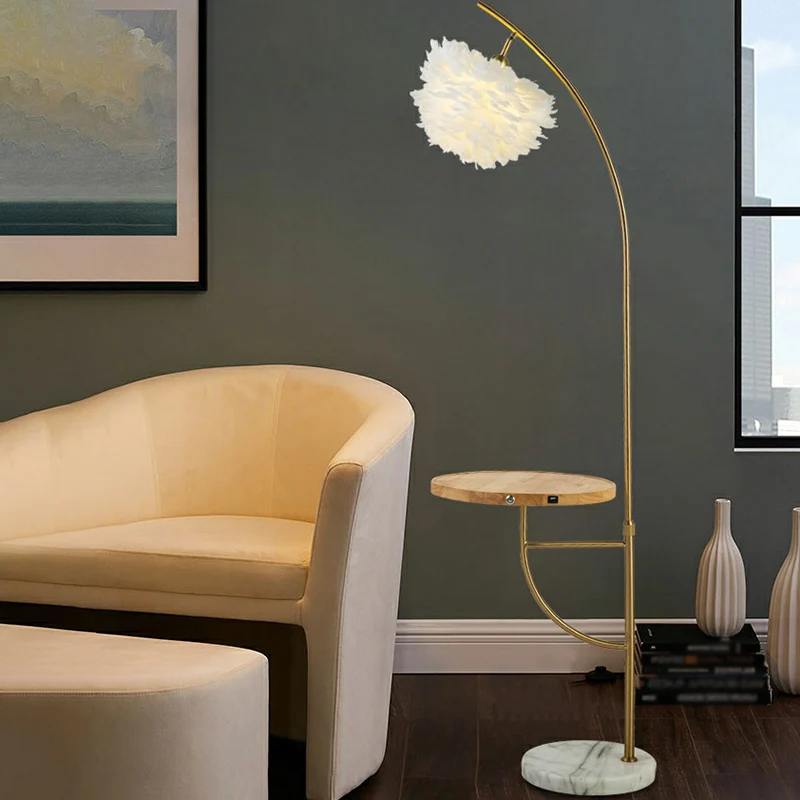 Veren halfrond schaduw vloerlamp moderne 1-lamp gouden staande lamp met houten dienblad Clearhalo