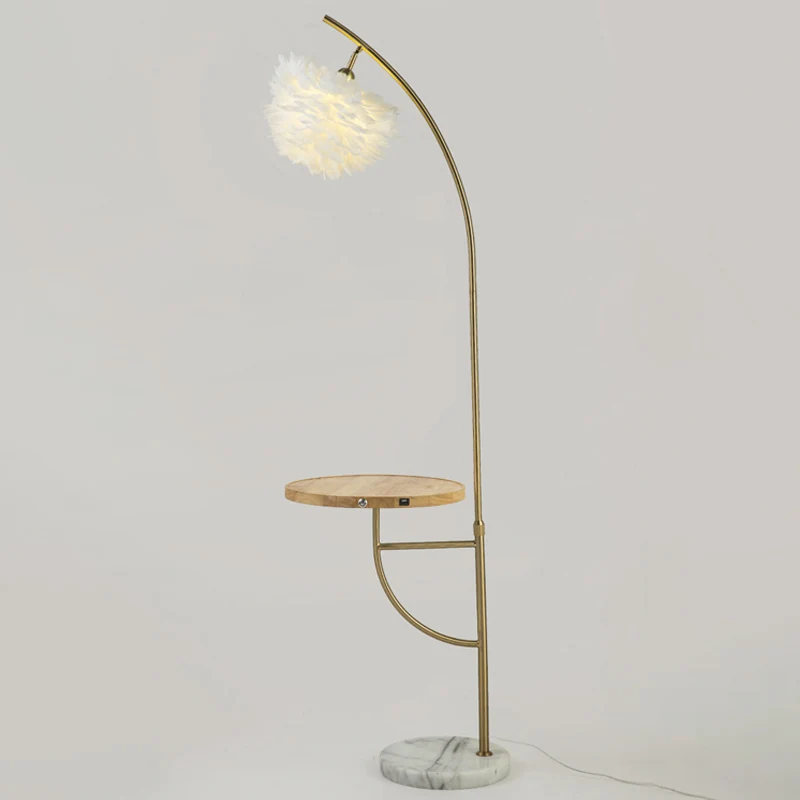 Veren halfrond schaduw vloerlamp moderne 1-lamp gouden staande lamp met houten dienblad Clearhalo