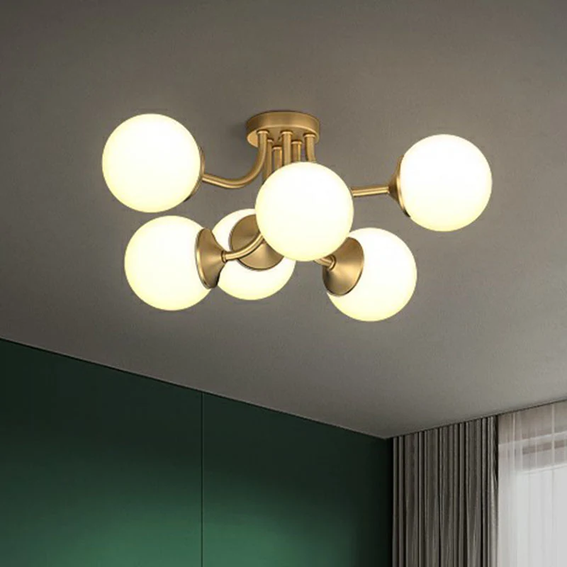 Vergulde bol semi-inbouw kroonluchter postmodern opaal glazen plafondlamp voor woonkamer Clearhalo