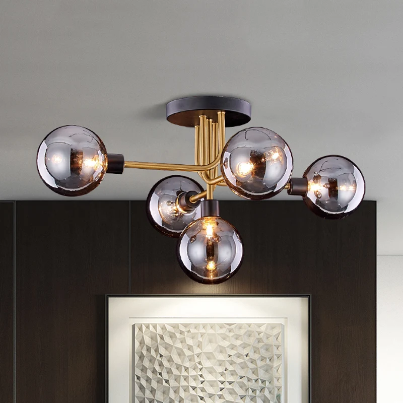 Vertakking Keuken Plafondarmatuur Rook Gesloten Glas 5 Lampen Retro Stijl Semi Inbouwlamp Messing Clearhalo