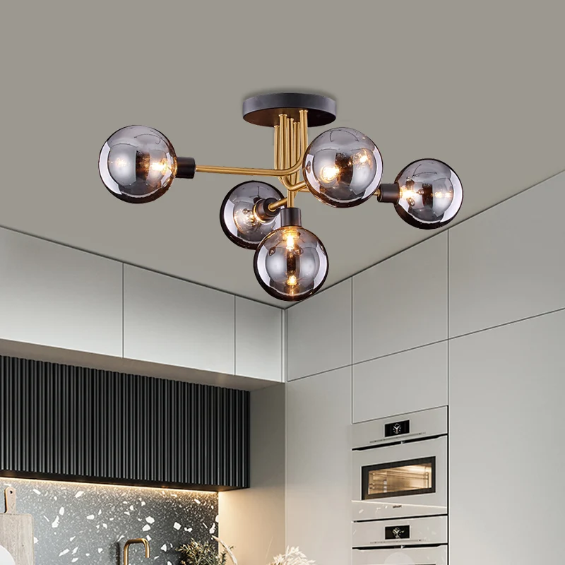 Vertakking Keuken Plafondarmatuur Rook Gesloten Glas 5 Lampen Retro Stijl Semi Inbouwlamp Messing Clearhalo