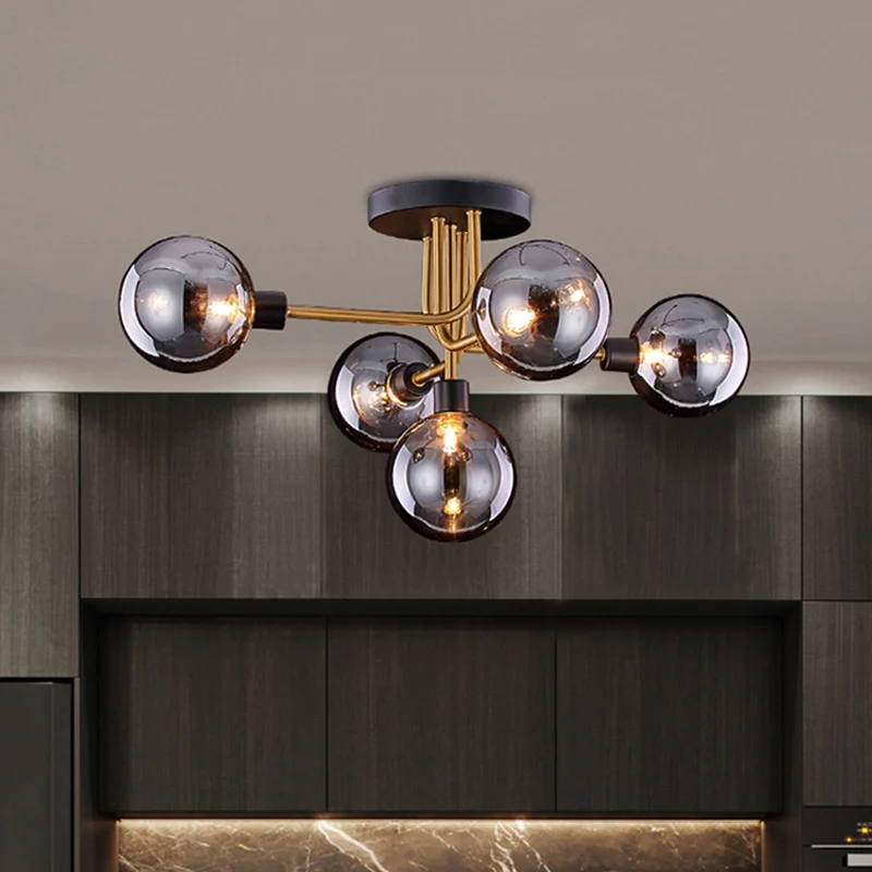 Vertakking Keuken Plafondarmatuur Rook Gesloten Glas 5 Lampen Retro Stijl Semi Inbouwlamp Messing Clearhalo