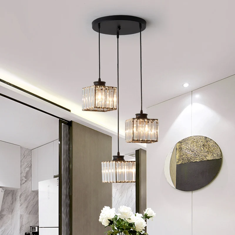 Vierkante eetkamer multi-plafondlamp Minimalistisch kristal 3-kops hangende verlichting Clearhalo