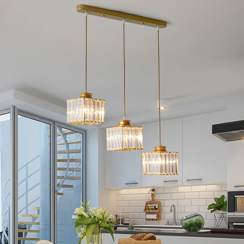 Vierkante eetkamer multi-plafondlamp Minimalistisch kristal 3-kops hangende verlichting Clearhalo