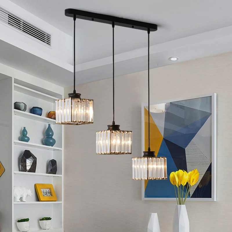 Vierkante eetkamer multi-plafondlamp Minimalistisch kristal 3-kops hangende verlichting Clearhalo