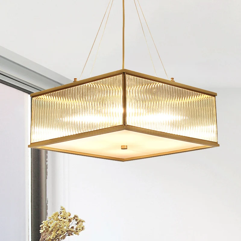 Vierkante helder gefacetteerde kristallen hanglamp postmoderne 4-lichts messing hangende kroonluchter Clearhalo