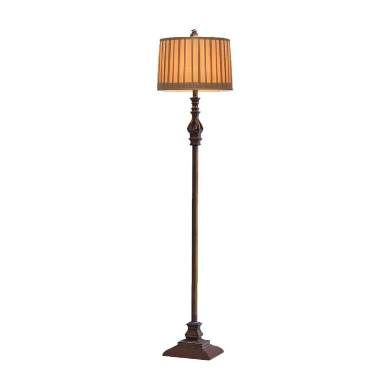 Vierkante staande staande lamp op voetstuk Retro 1-lichts harsvloerlamp bruin met geplooide stoffen kap Clearhalo