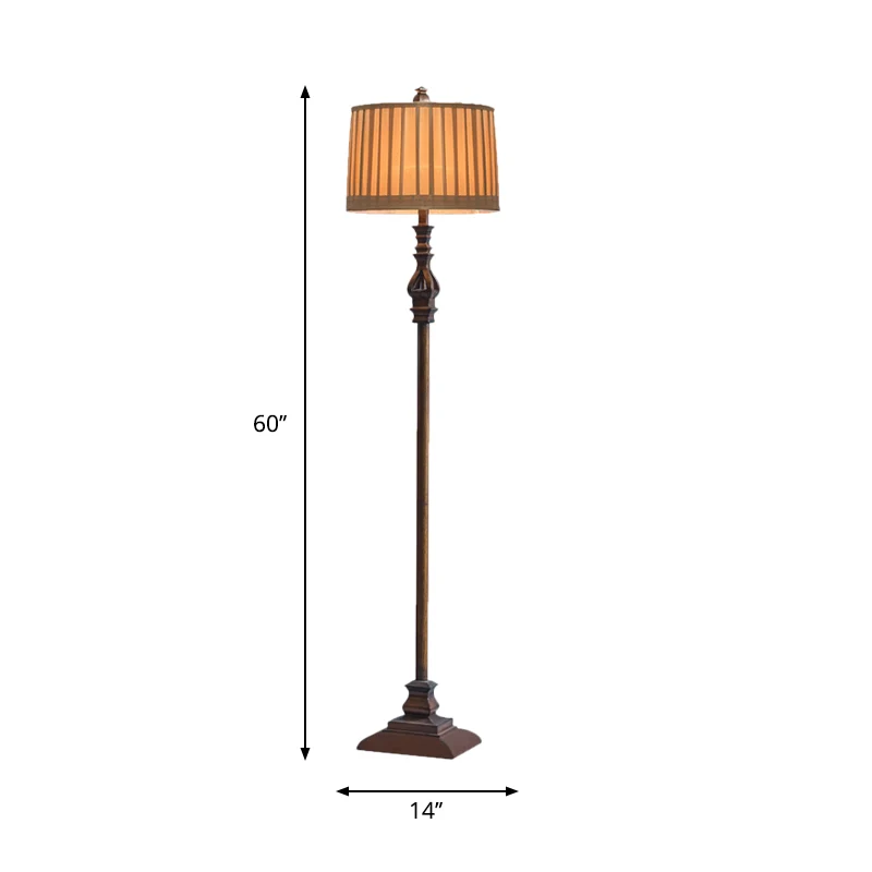 Vierkante staande staande lamp op voetstuk Retro 1-lichts harsvloerlamp bruin met geplooide stoffen kap Clearhalo