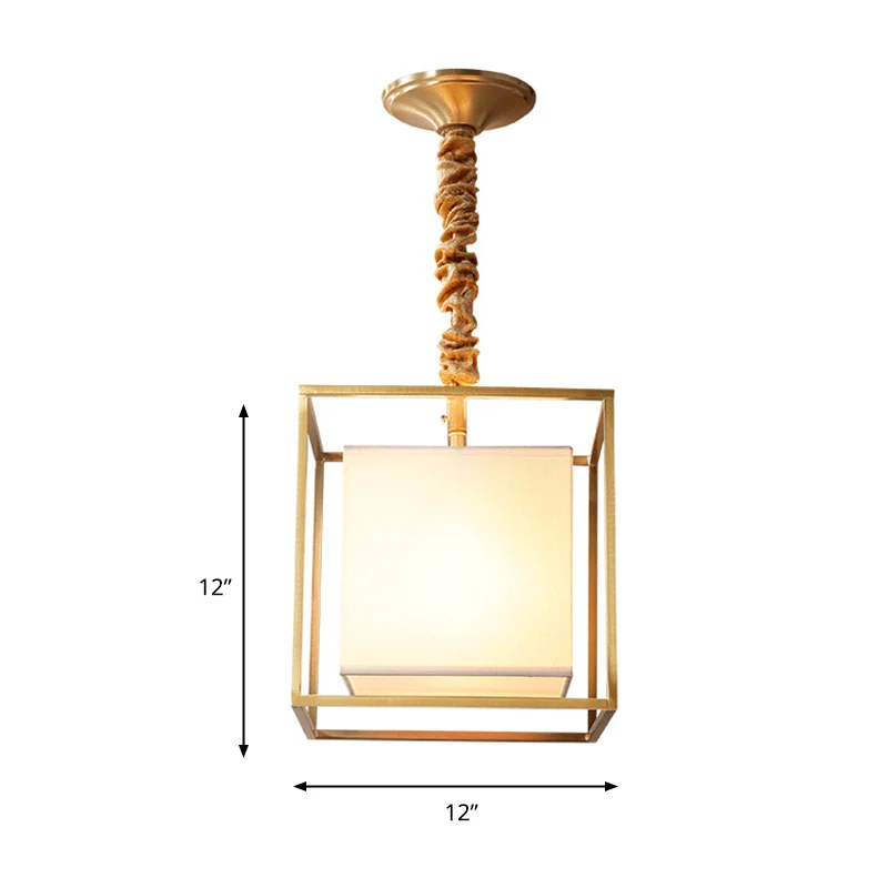 Vierkante stoffen kroonluchter licht traditioneel 2/3/4 licht eetkamer plafondlamp met gouden kubisch frame, 10"/12"/16" b...