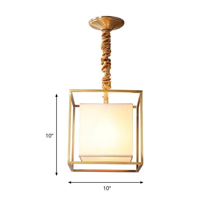 Vierkante stoffen kroonluchter licht traditioneel 2/3/4 licht eetkamer plafondlamp met gouden kubisch frame, 10"/12"/16" b...