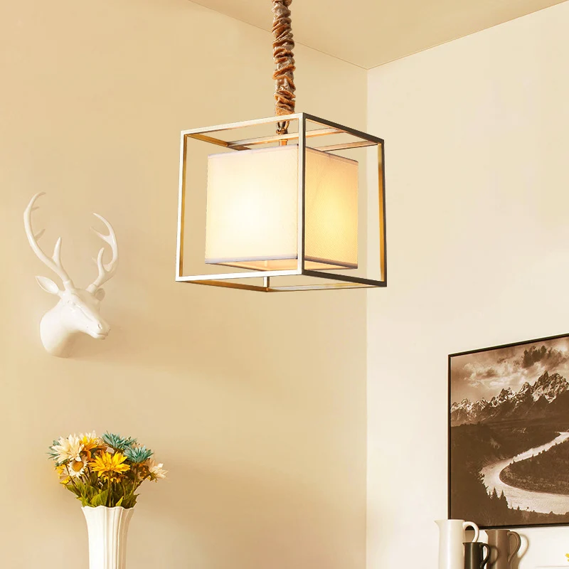 Vierkante stoffen kroonluchter licht traditioneel 2/3/4 licht eetkamer plafondlamp met gouden kubisch frame, 10"/12"/16" b...
