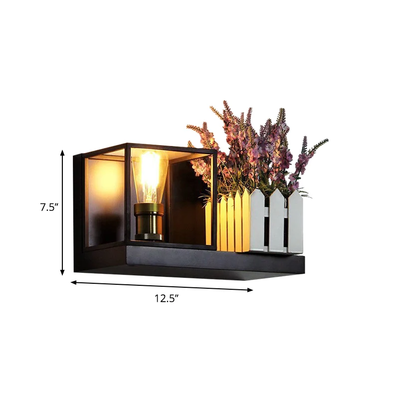 Vierkante wandlamp, industrieel metaal, één licht, zwart schanslicht voor nachtkastje Clearhalo