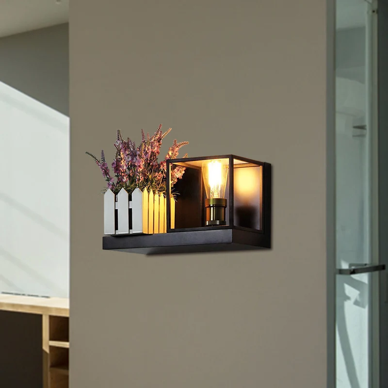 Vierkante wandlamp, industrieel metaal, één licht, zwart schanslicht voor nachtkastje Clearhalo