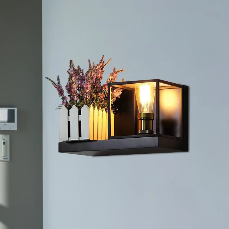 Vierkante wandlamp, industrieel metaal, één licht, zwart schanslicht voor nachtkastje Clearhalo