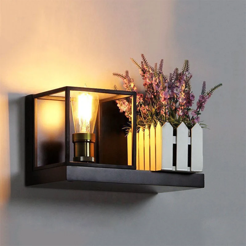 Vierkante wandlamp, industrieel metaal, één licht, zwart schanslicht voor nachtkastje Clearhalo