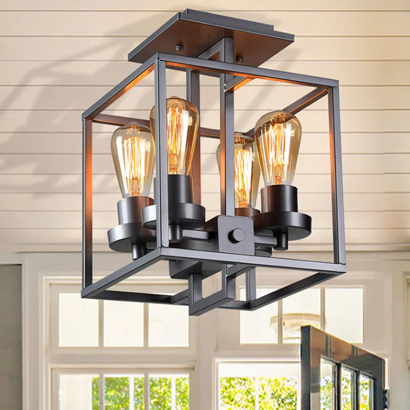 Vierkante woonkamer semi-inbouw industriële stijl metaal 4 lampen zwart/zilver/goud plafondverlichting Clearhalo