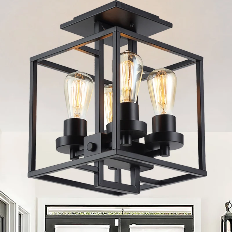 Vierkante woonkamer semi-inbouw industriële stijl metaal 4 lampen zwart/zilver/goud plafondverlichting Clearhalo