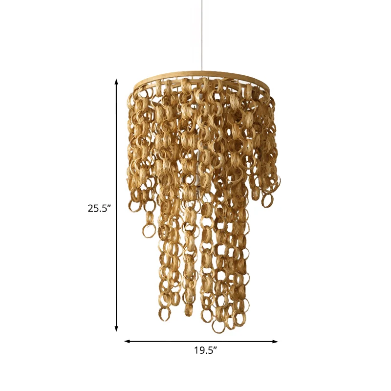 Vierkante/ronde hanglamp met watervaldesign Azië bamboe rotan 2-lamps beige kroonluchter hanglamp Clearhalo