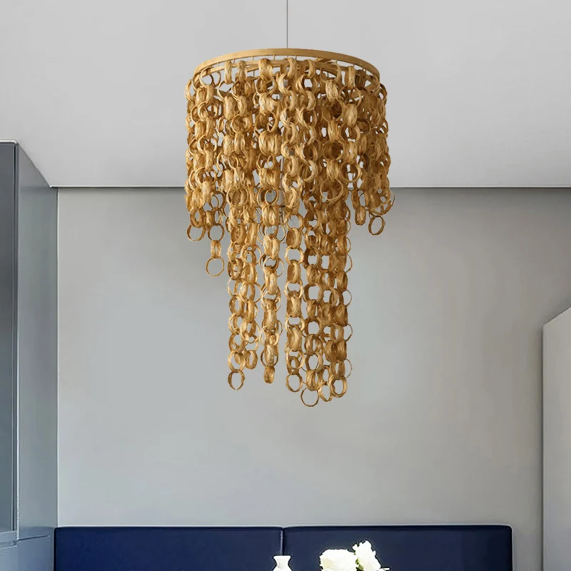 Vierkante/ronde hanglamp met watervaldesign Azië bamboe rotan 2-lamps beige kroonluchter hanglamp Clearhalo
