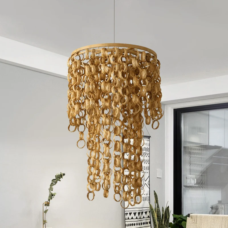 Vierkante/ronde hanglamp met watervaldesign Azië bamboe rotan 2-lamps beige kroonluchter hanglamp Clearhalo