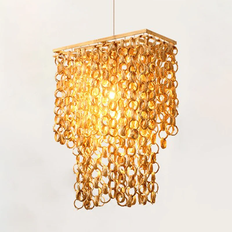 Vierkante/ronde hanglamp met watervaldesign Azië bamboe rotan 2-lamps beige kroonluchter hanglamp Clearhalo