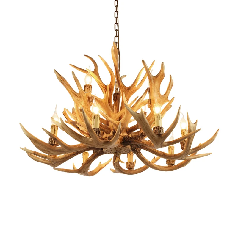 Village Candelabra hangende hanger 12-lichts hars plafondkroonluchter met gewei bruin voor woonkamer Clearhalo